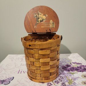 Vintage Handmade Cylinder Shaped Basket - Decoupage with Horse Motif